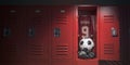 Soccer equipment football ball, t\'shirt and bbots in a school locker room