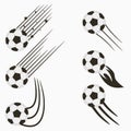 Soccer or European Football flying balls set with speed motion trails. Graphic design for sports logo. Vector.