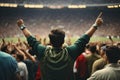 Soccer fans crowd cheering and celebrating goal at stadium, generative ai