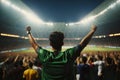 Soccer fans crowd cheering and celebrating goal at stadium, generative ai