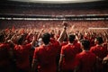 Soccer fans crowd cheering and celebrating goal at stadium, generative ai