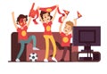 Soccer fans and friends watching tv on couch. Football match supporting people vector illustration