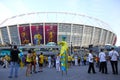 Soccer fans go to the Olympic stadium in Kyiv