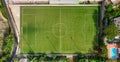 Soccer field as seen from a flying drone. High viewpoint