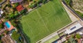 Soccer field as seen from a flying drone. High viewpoint