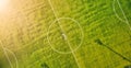 Soccer field as seen from a flying drone. High viewpoint