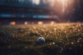 Soccer field with a ball in blurred scenery. Lights at night and stadium 3D. Ball on the tall grass. Royalty Free Stock Photo