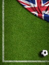 Soccer field with ball and flag of United Kingdom Royalty Free Stock Photo