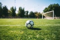 soccer field with ball in the net, daytime Royalty Free Stock Photo
