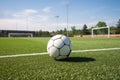 soccer field with ball in the net, daytime Royalty Free Stock Photo