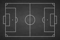 Soccer field chalked on blackboard. Football stadium on board. Background of painted chalk sketch line. Overhead view. Chalkboard