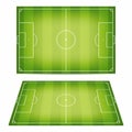 Soccer field collection. Football fields with trampled down grass. Top view and perspective view