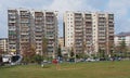 Soccer field in front of an industrialized apartment block, Jelenia Gora, Poland Royalty Free Stock Photo