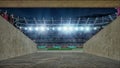 Soccer field with lights and spectors 3d rendering view from entering corridor