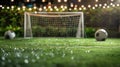 Soccer Field at Night with Illuminated Goal Net and Dew-Soaked Grass Royalty Free Stock Photo