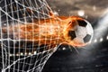 Soccer fireball scores a goal on the net Royalty Free Stock Photo