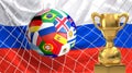 soccer flags ball with golden trophy in soccer net. Goal 3D illustration Royalty Free Stock Photo