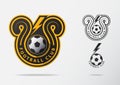 Soccer or Football Badge Logo Design for football team. Minimal design of golden thunderbolt and black and white soccer ball. Royalty Free Stock Photo