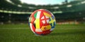Soccer Football ball with flags of european countries on the grass of football stadium. Euro championship 2021 Royalty Free Stock Photo