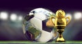 Soccer football ball and golden Cup. World stadium concept 3d