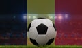 Soccer football ball on a grass pitch in front of stadium lights and belgium flag. 3D Rendering Royalty Free Stock Photo