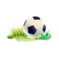 Soccer football ball on lawn grass watercolor drawing. Green field and pentagon picture isolated on white background Royalty Free Stock Photo