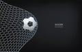 Soccer football ball and soccer net on dark background with area for copy space. Vector Royalty Free Stock Photo