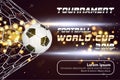 Soccer or Football Banner With 3d Ball on golden bokeh lights background. Soccer game match goal moment with ball in the