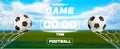 Soccer or Football Banner With 3d Ball and scoreboard or timer on green field background. Soccer game match goal moment Royalty Free Stock Photo