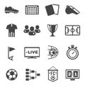 Soccer, football black icons set isolated on white. Scoreboard, net, sport, stadium, game pictograms. Royalty Free Stock Photo