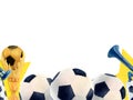 Soccer football border cup horn watercolor drawing. Seamless gold prize first star pitch pentagon ball tube. Sports gear Royalty Free Stock Photo
