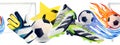 Soccer football border seamless watercolor drawing. Trainers snikers gloves star goal pentagon ball. Sports gear train