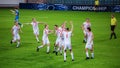 Soccer Football Championship Final Match: White Team Players Happy and Celebrate Victory, Hug after Royalty Free Stock Photo