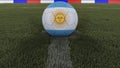 Soccer / football classic ball in the center of the field grass with painting of the Argentina flag with depth of field defocused, Royalty Free Stock Photo