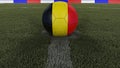 Soccer / football classic ball in the center of the field grass with painting of the Belgium flag with focus on the whole field, 3 Royalty Free Stock Photo