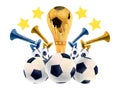 Soccer football cup horn watercolor drawing. Gold prize first pitch pentagon ball tube. Sports gear train team. Match Royalty Free Stock Photo