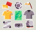 Soccer football equipment and jersey uniform shoes ball field card cartoon set sticker doodle collection bundle Royalty Free Stock Photo