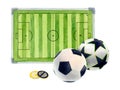 Soccer football field pitch watercolor drawing. Green line star pentagon ball. Sports gear train team. Coin token bet