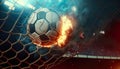 soccer football fire flame flying look like comet and goal net.sport action for advertising concepts