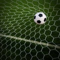 Soccer football in Goal net with green grass field. Royalty Free Stock Photo