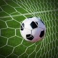 Soccer football in Goal net with green grass field. Royalty Free Stock Photo