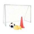 Soccer football goal net watercolor drawing. Cone gate mesh ball. Sports gear train team. Competition penalty match Royalty Free Stock Photo