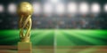 Soccer football golden trophy on blur stadium background. 3d illustration