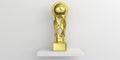 Soccer football golden trophy on a shelf, white wall background. 3d illustration