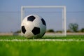 Soccer football on green grass field and goal post