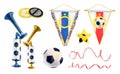 Soccer football horn token watercolor drawing. Star line pennant streamer. Pentagon ball tube. Sports gear train team Royalty Free Stock Photo