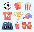 soccer football items. cartoon set of isolated objects, sports equipment, ball cup, tshirt, scoreboard, mittens, uniform