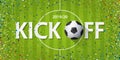 Soccer or football kick off  banner with soccer ball and paper confetti on soccer field background. Banner template design. Royalty Free Stock Photo
