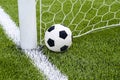 The soccer football with the net on the artificial green grass soccer field Royalty Free Stock Photo