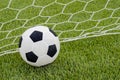 The soccer football with the net on the artificial green grass soccer field Royalty Free Stock Photo